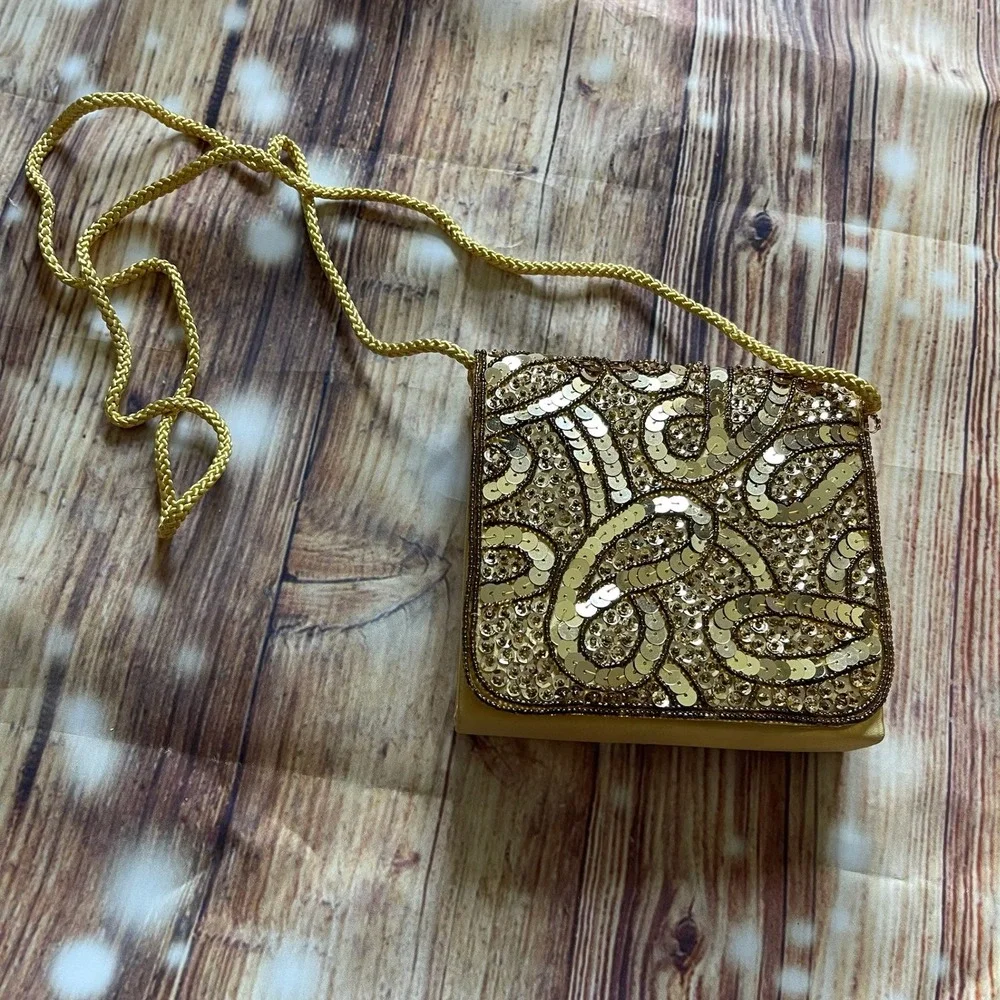 Gold Sequin Beaded Evening Bag Box Clutch‎ Crossbody Satin Swirl Pattern